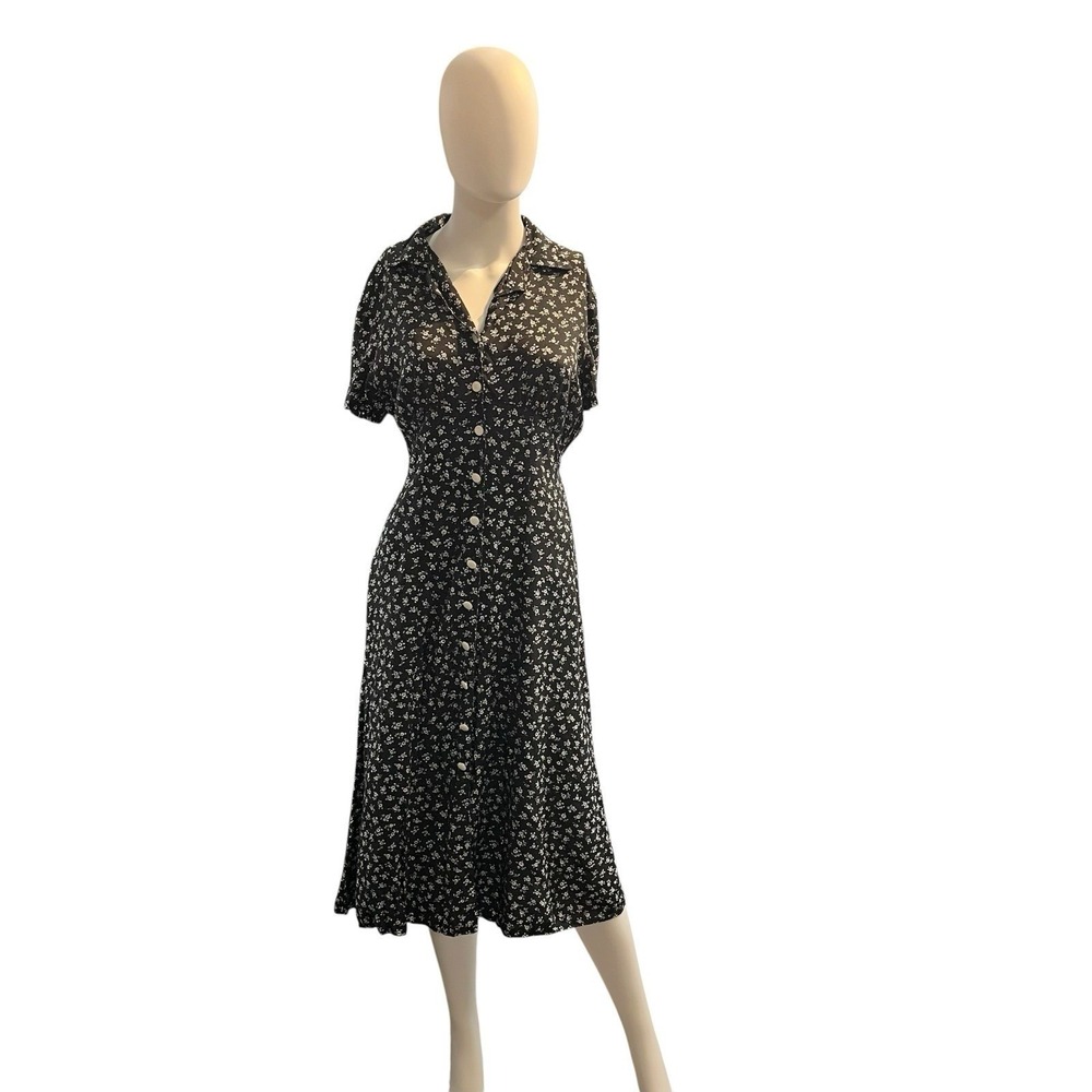 Vintage Caroline Wells Dress Black Floral Tie Back Midi 8 Dark‎ Romantic Cottage